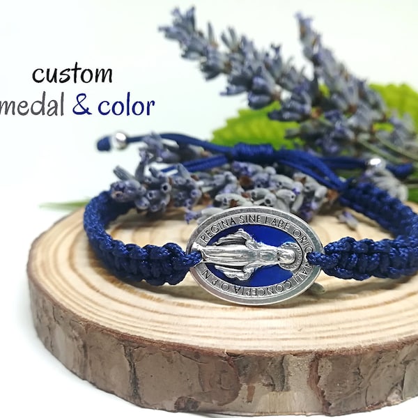 Miraculous medal Catholic macrame bracelets, Sacred heart & Immaculate heart, or custom medal and cord colors | AndavyGifts Catholic gifts