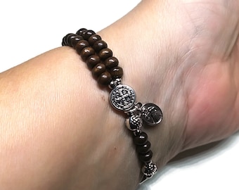 Handmade Catholic tiny wood stretch rosary bracelet Divine Mercy & St Benedict medal, men women teen rosary | AndavyGifts Catholic gifts