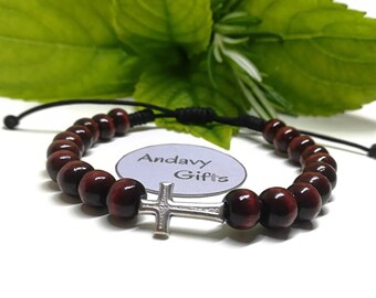 Custom cross bracelet with wood beads | unisex size adjustable Catholic cord bracelet with sliding knot | AndavyGifts