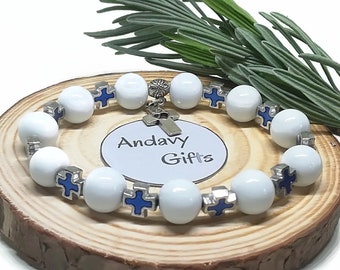 Beaded cross stretch bracelet with glass beads, Catholic cross bracelet gift for her in custom sizes | AndavyGifts Christian gifts