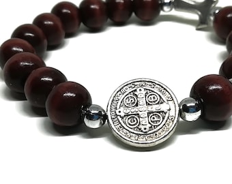 Wooden St Benedict protection rosary bracelet with Tau cross, single decade stretch rosary | AndavyGifts Catholic gifts store