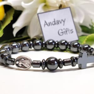Katholieke hematiet rozenkrans armband voor mannen, medaille goddelijke barmhartigheid van Jezus, Jezus, ik vertrouw op jou, devotionele sieraden | AndavyCadeaus