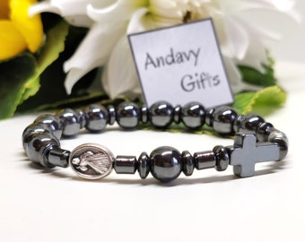 Catholic hematite rosary bracelet for men, Divine Mercy of Jesus medal, Jesus I trust in You, Devotional jewelry | AndavyGifts