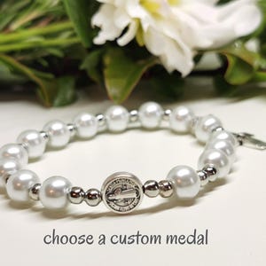 White pearl stretch rosary bracelet gift for her with St Benedict or custom catholic medal | AndavyGifts Catholic jewelry