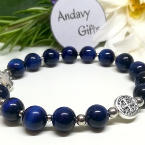 Tigerauge Rosenkranz Armband stretch in Blau oder Braun, mit Hl Benedikt Medaille und Kreuz | AndavyGifts Christliche Geschenke