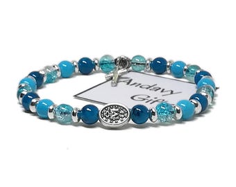 Miraculous Medal Cross Bracelet, Aquamarine Silver Tone Catholic Jewelry