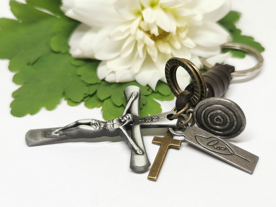Christian Leather Keychain With Cross Pendants: Devotional Gift - Etsy