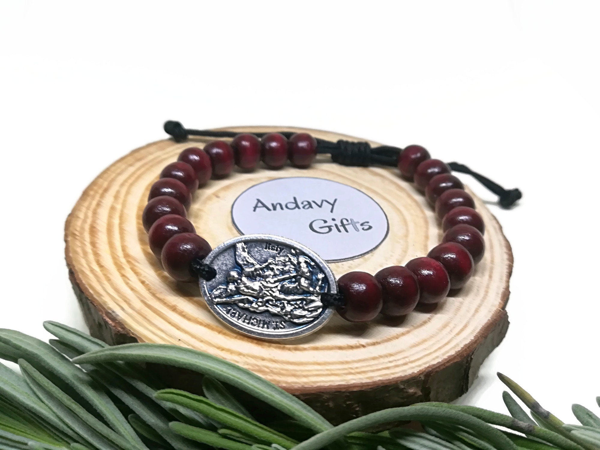 LivuX Bracciale Arcangelo Michele Con Acquamarina - Pietra Semipreziosa E Perle Di Legno - Regalo Spirituale