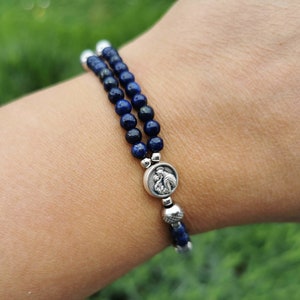 Handmade Christian jewelry lapis rosary bracelet with cross bead | unisex faith gift with custom devotional medal | AndavyGifts