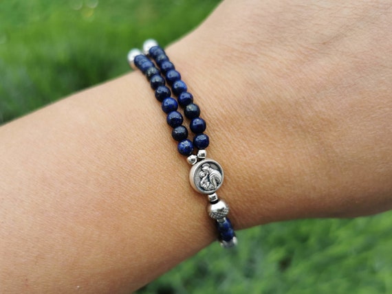 Handmade Christian Jewelry Lapis Rosary Bracelet With Cross Bead