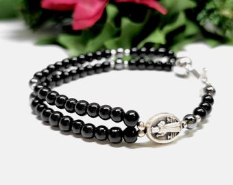 Gemstone rosary bracelet gift for him or her, onyx & hematite beads, St Benedict medal or Catholic medal of your choice | AndavyGifts