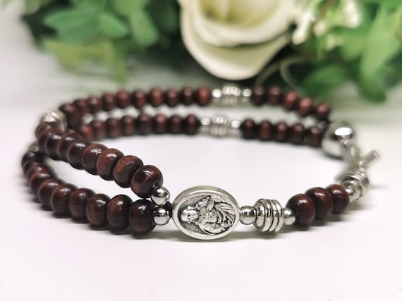 Saints Stretch Bracelet Brown Wood Bead Spacers Catholic Religious Figures