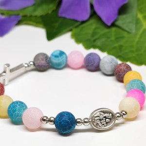 Rainbow Agate Rosary Bracelet: Scapular Medal, Sideway Cross