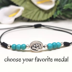 Catholic scapular sacred heart & turquoise beads string bracelet gift for him, Our Lady of Mount Carmel, choose your medal | AndavyGifts