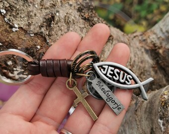 クリスチャンレザーキーホルダー：イエス・フィッシュ、十字架ペンダント、信仰のキーリング