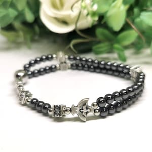 Holy spirit rosary bracelet gift for men or women with hematite beads, small Catholic stretch rosary | AndavyGifts
