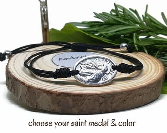 Saint Anthony Medal Bracelet, Catholic Sliding Knot Friendship Cord, Silver Plated Zamac (Italy)