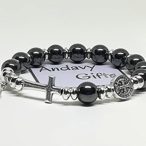 hematite rosary bracelet with St Benedict or custom medal | AndavyGifts Catholic gifts