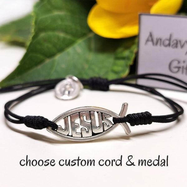 Bracelet fil Christian ICHTHUS avec médaille Miraculeuse, ICHTHYS, choisissez votre couleur de cordon et votre médaille | AndavyCadeaux