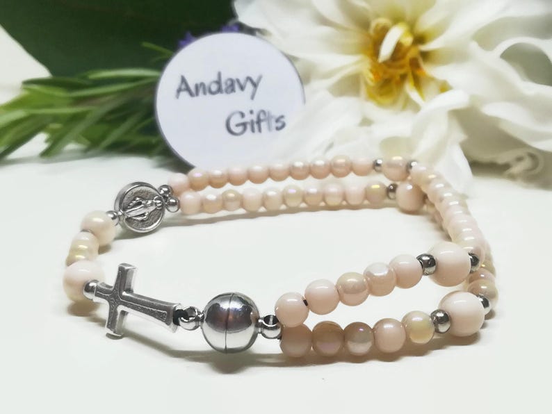 Bracelet chapelet fait main médaille miraculeuse extensible, chapelet unique en petites perles, petit chapelet catholique de 5 décennies | Bijoux catholiques AndavyGifts image 1