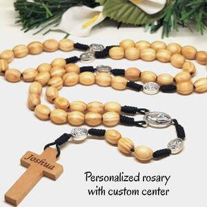 Wooden St Michael rosary beads / custom rosary center & personalized with engraved cross, natural pine wood beads | AndavyGifts