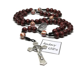 Large wooden cord rosary, custom handmade with Miraculous medal, 10mm beads, custom rosary crucifix | AndavyGifts