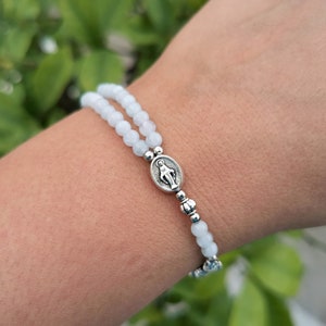 Light velvet blue Miraculous medal rosary bracelet | tiny aquamarine beads & custom Catholic medal | AndavyGifts Christian jewelry