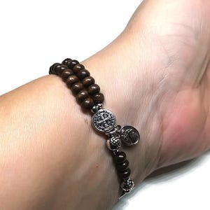 Handmade Catholic tiny wood stretch rosary bracelet Divine Mercy & St Benedict medal, men women teen rosary | AndavyGifts Catholic gifts