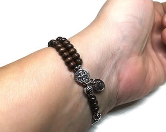 Handmade Catholic tiny wood stretch rosary bracelet Divine Mercy & St Benedict medal, men women teen rosary | AndavyGifts Catholic gifts