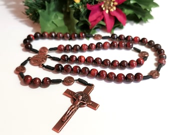 Catholic copper tiger eye cord rosary beads, Saint Benedict medals & crucifix, pastor priest godfather appreciation gift | AndavyGifts