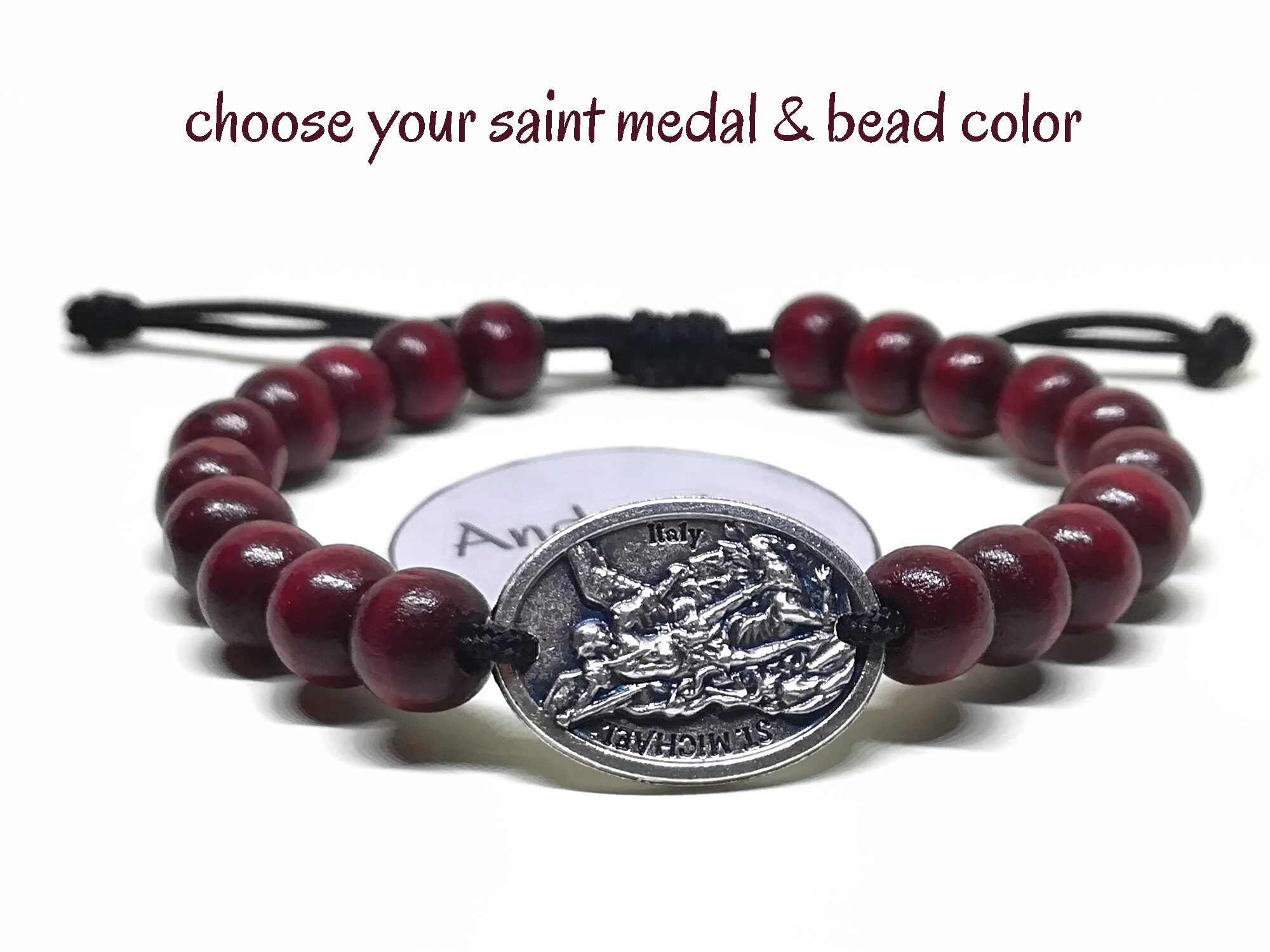 Bracciale spirituale dell'Arcangelo San Michele con perline di legno, braccialetto regolabile con micro cordino e medaglia a scelta / AndavyGifts - Italia