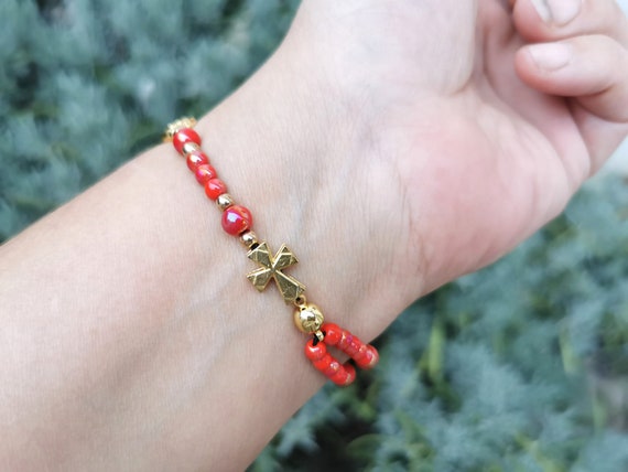 Red & Gold 5-decade Rosary Bracelet With Holy Spirit Medal 