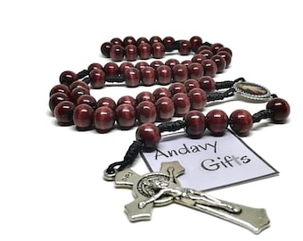 Large handmade wooden Catholic Divine Mercy of Jesus Rosary with St Benedict crucifix, Traditional Catholic, by Catholic store AndavyGifts