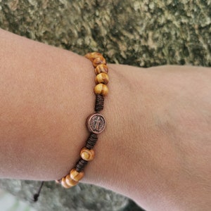 Personalized Wood Bead Rosary Bracelet: Custom Saint Medal, Adjustable Cross
