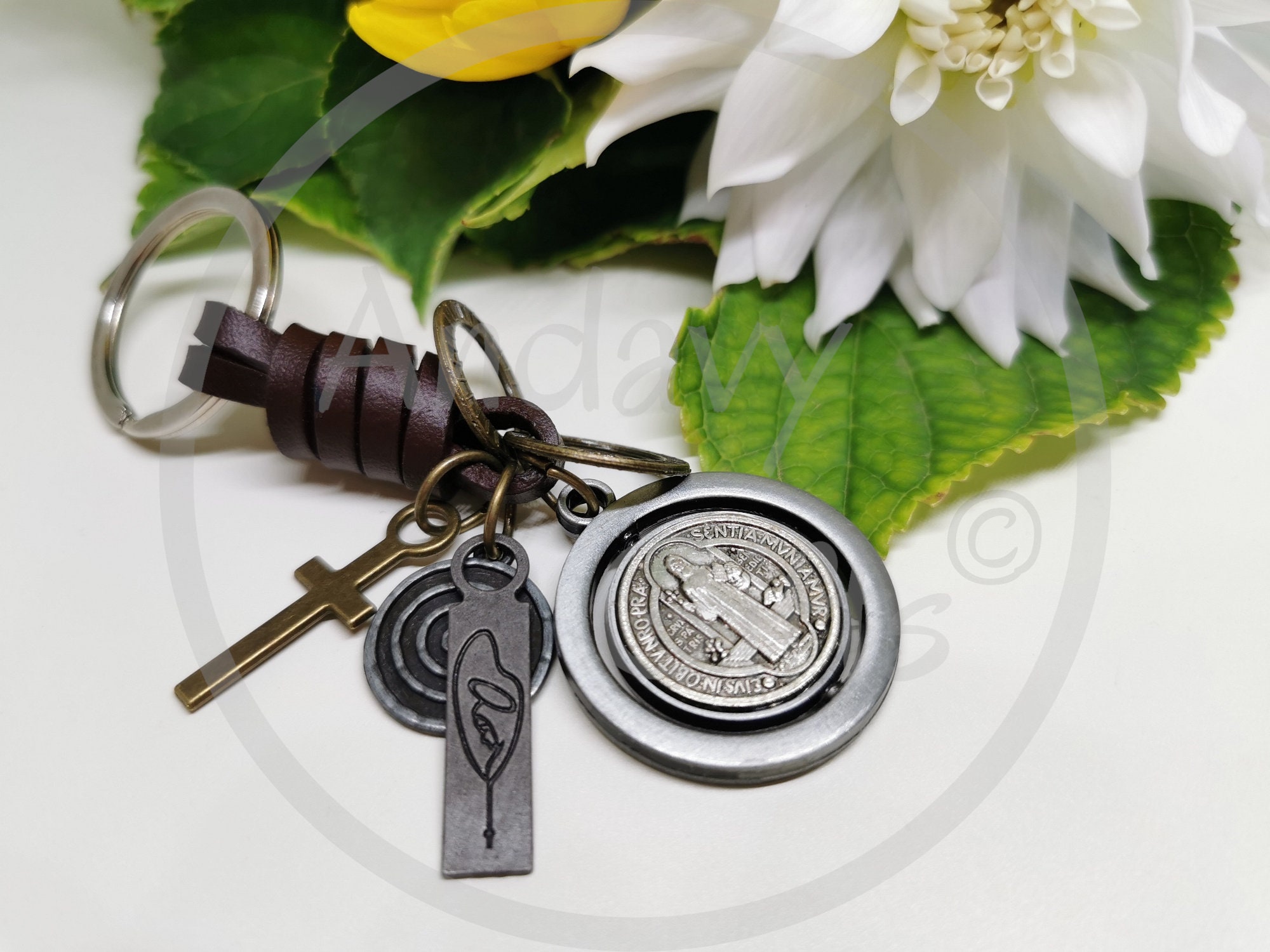 Christian Custom Edc Leather Keychain for Him Saint Benedict Etsy