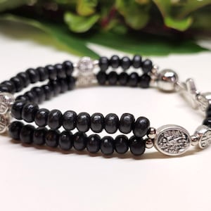 Men's St Michael the Archangel rosary bracelet, custom handmade with wood beads, small Catholic stretch rosary | Andavy Catholic gifts