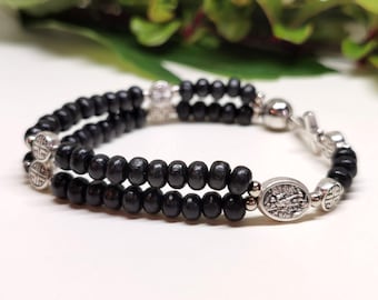 Men's St Michael the Archangel rosary bracelet, custom handmade with wood beads, small Catholic stretch rosary | Andavy Catholic gifts