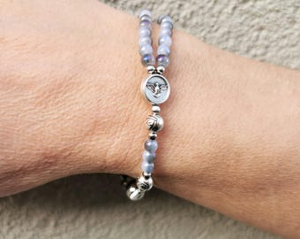 Dainty Catholic Holy Spirit rosary bracelet for her, custom 5 decade rosary with violet/gray glass beads & custom saint medal | AndavyGifts