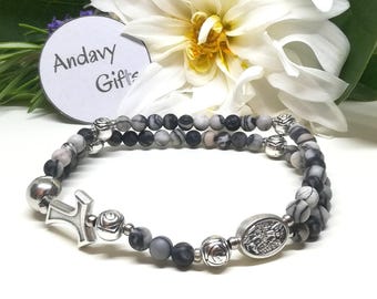 Archangel St. Michael rosary bracelet, gemstone matte jasper stone beads, gift for him or her with custom Catholic medal | AndavyGifts