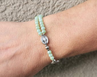 Spring green dainty Catholic rosary bracelet, custom gift for her with Miraculous or custom medal | AndavyGifts Catholic gifts