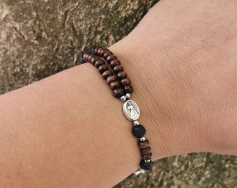 Men&#39;s or boy Catholic rosary bracelet gift for him | lava rock & wood beads | custom inspirational bracelet | AndavyGifts