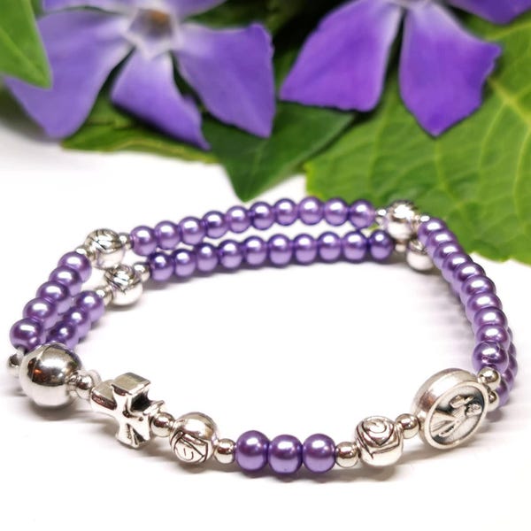 Dainty purple glass pearl rosary bracelet with Virgin Mary medal | christian rosary with custom devotional medal | AndavyGifts