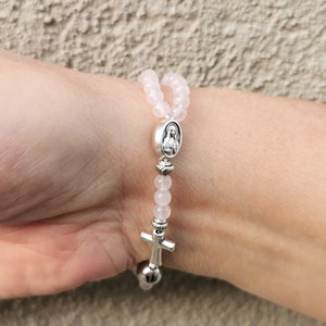 Rose quartz gemstone Sacred heart rosary bracelet | women&#39;s devotional mothers day gift | Christian jewelry gift for her | AndavyGifts