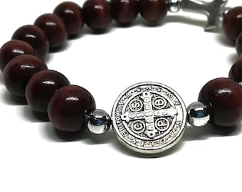 Pulsera de rosario de madera de San Benito con cruz Tau, rosario elástico de una década / Tienda de regalos católicos AndavyGifts