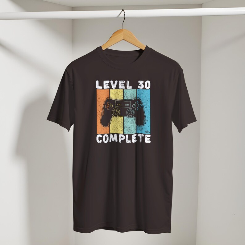 May include: A dark brown t-shirt with a retro design. The design features a video game controller and the words "LEVEL 30 COMPLETE" in white. The background behind the controller is divided into orange, yellow, and blue vertical stripes.