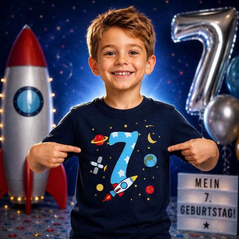 May include: A young child wearing a navy blue t-shirt with a large number 7 in light blue with white stars, and space-themed graphics. The child is smiling and pointing at the shirt. A silver rocket and a number 7 balloon are in the background.