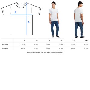 May include: A white crew neck t-shirt with size measurements in centimeters. The image includes a diagram of the t-shirt with labeled dimensions and models wearing the shirt. The size chart ranges from S to 3XL.