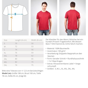 May include: A size chart for a red t-shirt with a crew neck and short sleeves. The chart shows the size, length, and width of the shirt in inches. The text on the chart says "Der Klassiker f&uuml;r den Mann: Stilsicher bei einhundert Prozent Tragekomfort. Mit diesem Basic T-Shirt kannst du nichts falsch machen."