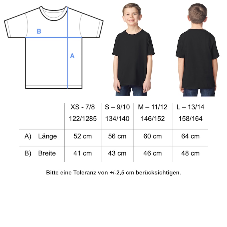May include: Black t-shirts for children, with size and measurement details. The image includes front and back views of a child wearing the shirt, along with a size chart in centimeters. The chart shows length and width measurements.