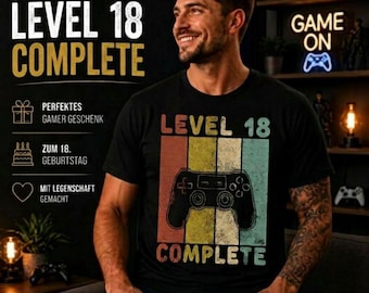 18 Geburtstag Gamer Shirt Herren – Level 18 Complete Gaming T-Shirt Vintage Geschenk für Gamer Jungen Mann Sohn